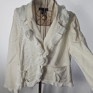 Linen Cotton Blend Ruffled Sequin Jacket Blazer Creamy White Size 16 Peasant